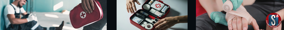 Red first aid kits, medical supplies, and hands applying a bandage, representing Skookum Tools' first aid category.